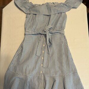 Blue and white seersucker off-the-shoulder dress